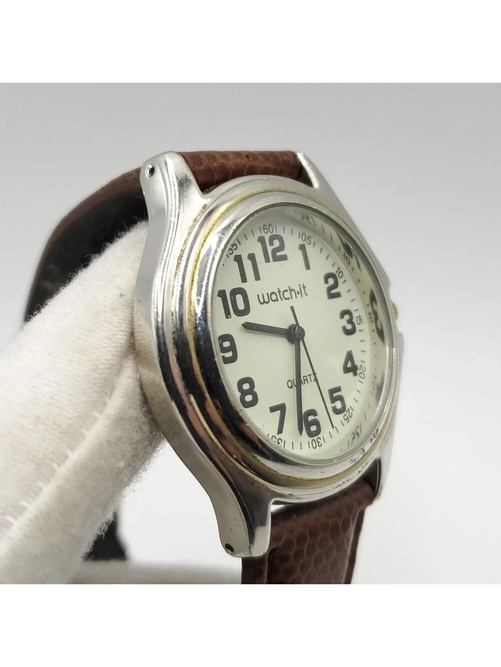 Watch-it Mens 37mm Quartz Watch New Battery Brown Leather Band Silver Tone